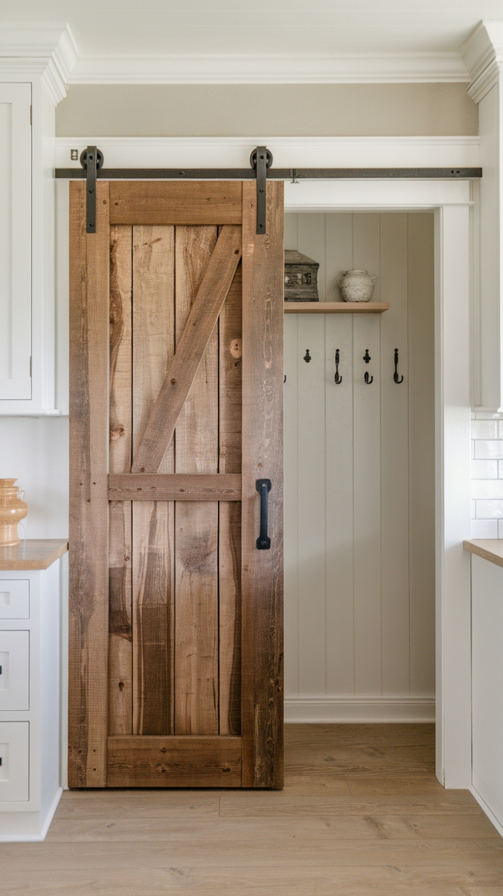 Rustic Wood Sliding Door Complements White Cabinets and Light Floors