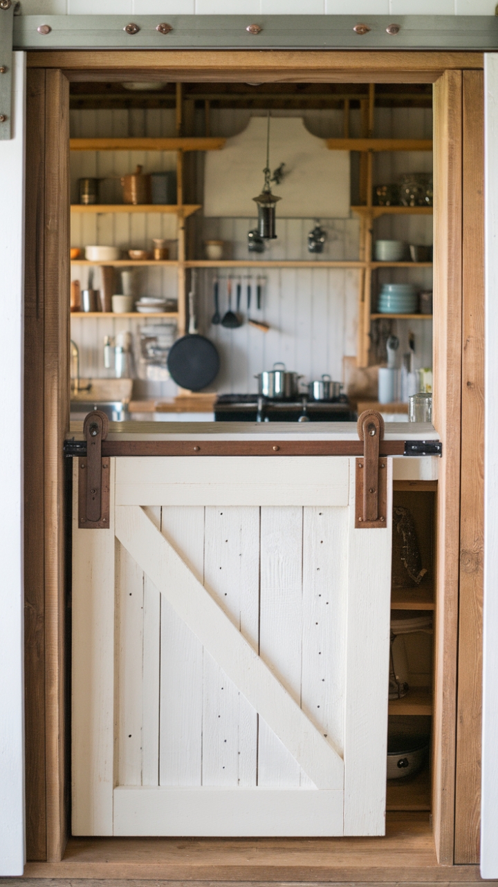White Sliding Door Complements Warm Wood Tones in Cozy Kitchen
