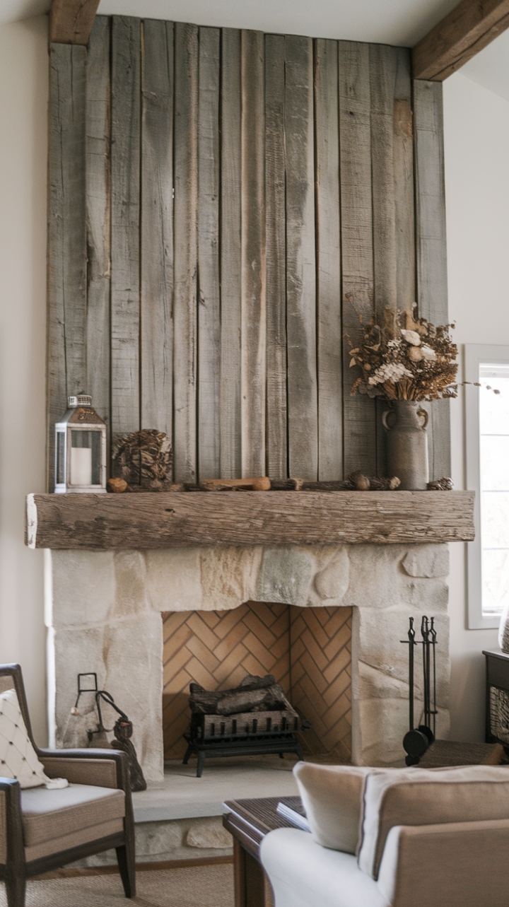 Cozy Stone Fireplace Focal Point with Weathered Barn Beams