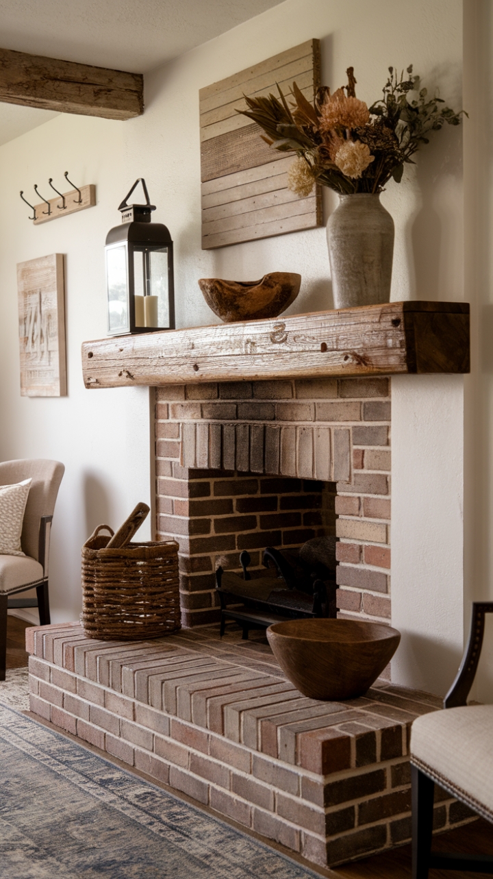 Charming Farmhouse Fireplace with Reclaimed Wood Beam and Cozy Details