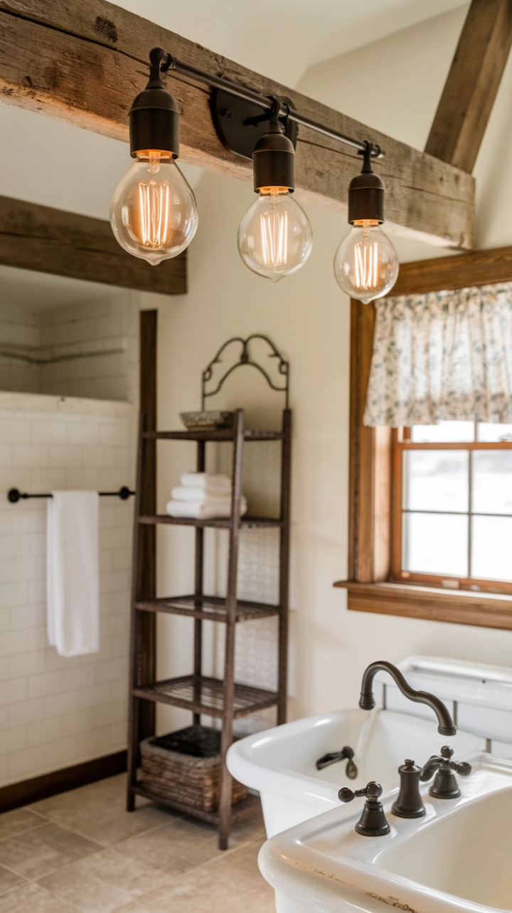 Charming Farmhouse Bathroom with Wooden Beam Light and Floral Accents