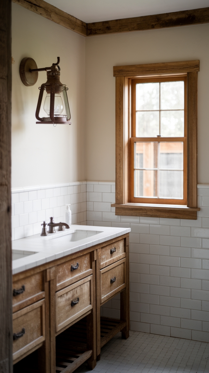 Timeless Farmhouse Bathroom with Warm Vintage Vanity Lighting