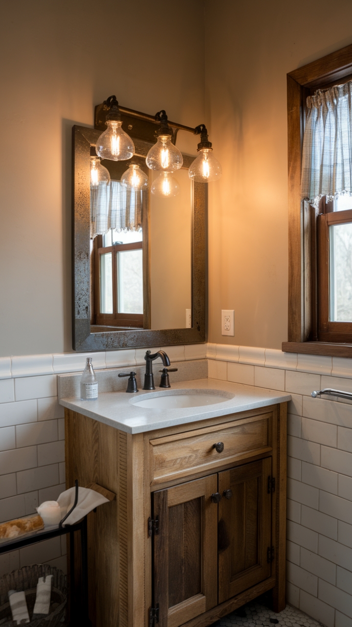 Warm Metallic Fixture Illuminates Rustic Bathroom Elegance