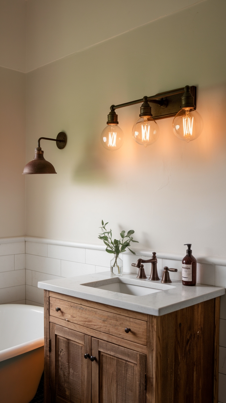 Country Bathroom Ambiance Enhanced by Metal Fixture and Wall Sconce