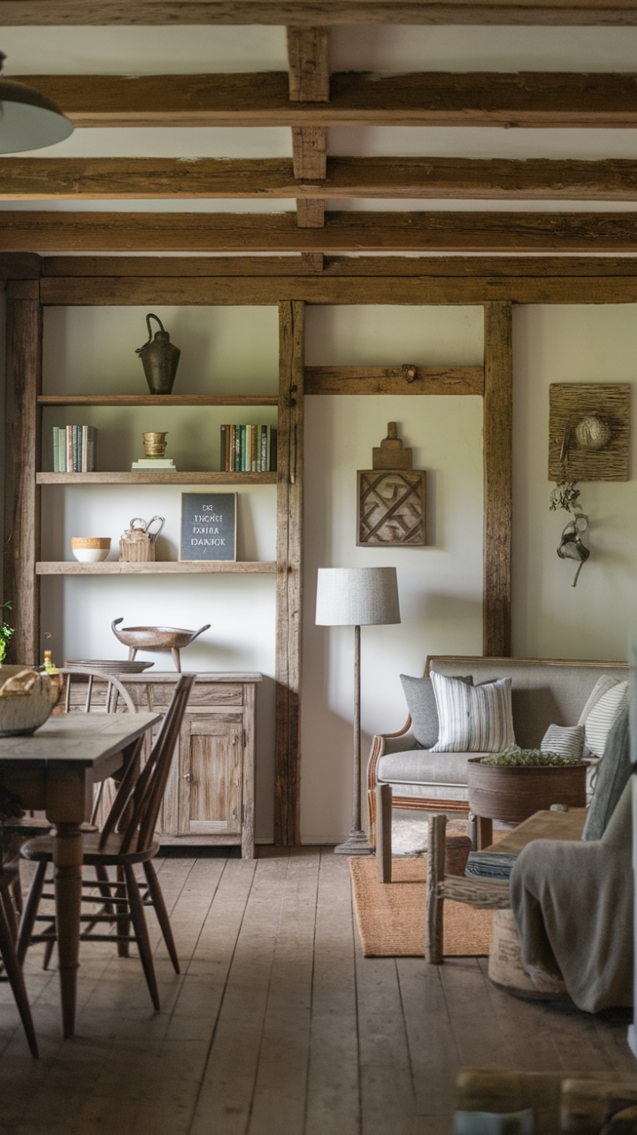 Modern Farmhouse Charm: Cozy Wooden Beams and Rustic Decor