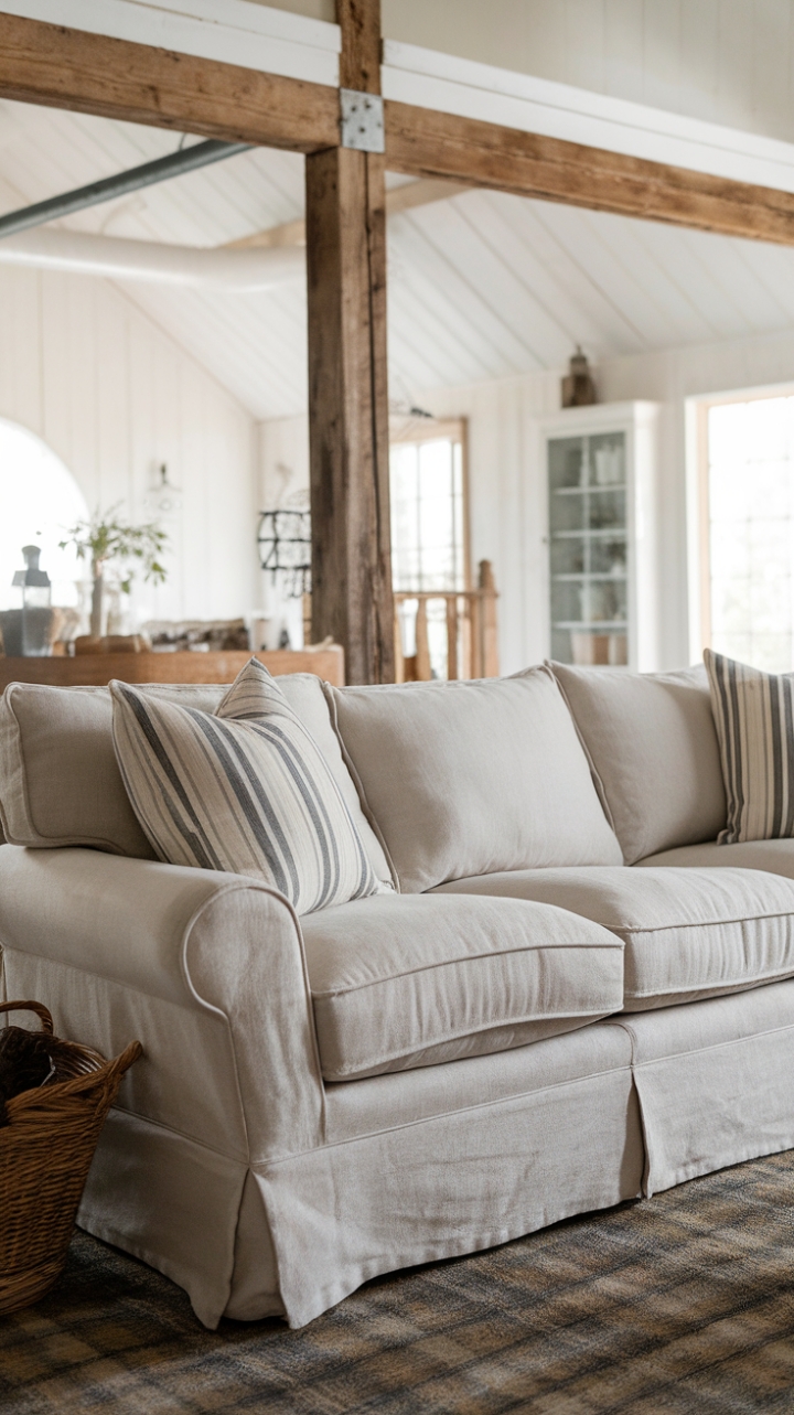 Rustic Charm: Linen Slipcovers and Exposed Beams Create a Cozy Farmhouse Retreat