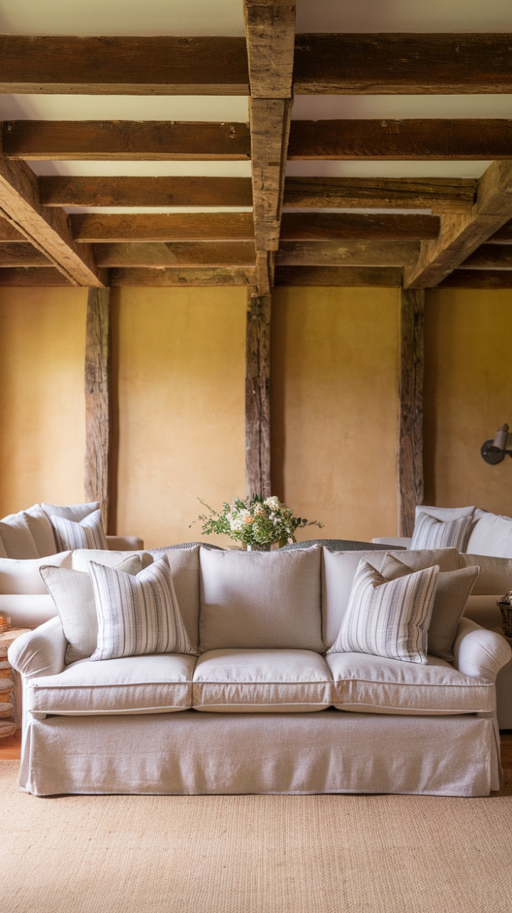 Rustic Charm: A Cozy Linen-Slipcovered Sofa Sanctuary