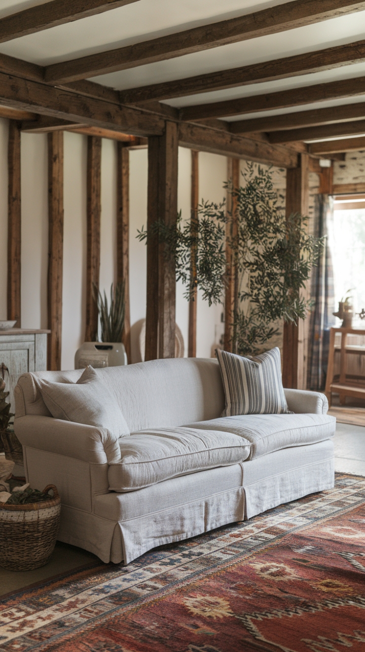 Cozy Country Charm with Wooden Beams and Patterned Rug