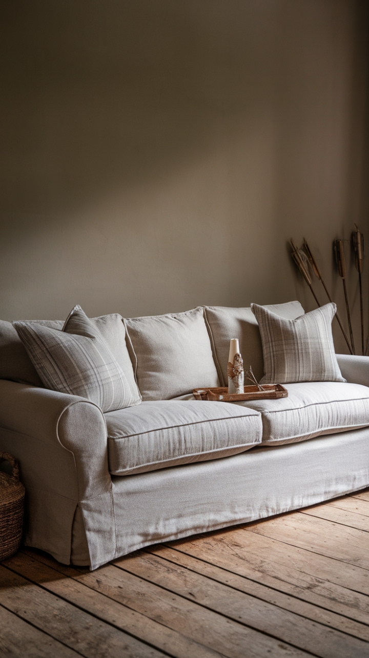 Embracing Simplicity: A Linen Sofa Completes a Warm, Rustic Space