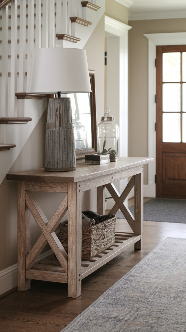 Cozy Entrance: Weathered Wood and Simple Lamp Create Inviting Vignette