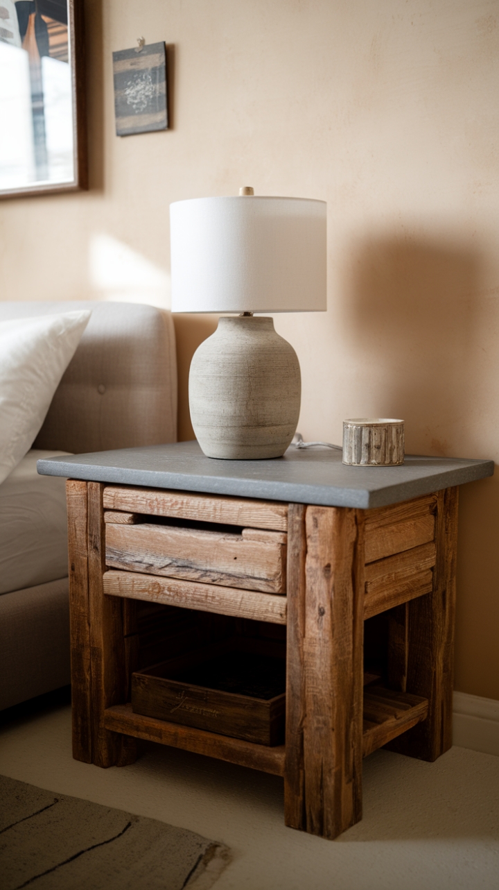 Elegant Nightstand Scene with Rustic and Stone Elements
