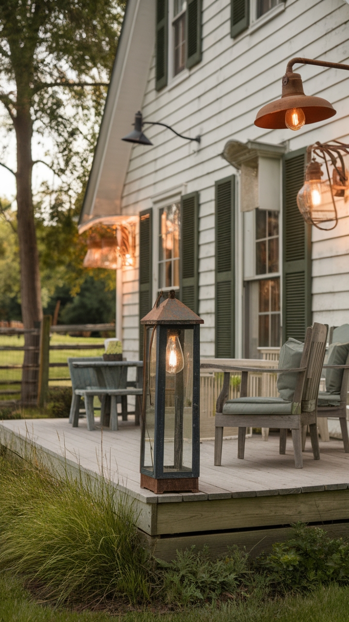 Rustic Charm: Weathered Metal Lights Illuminate the Farmhouse Scene