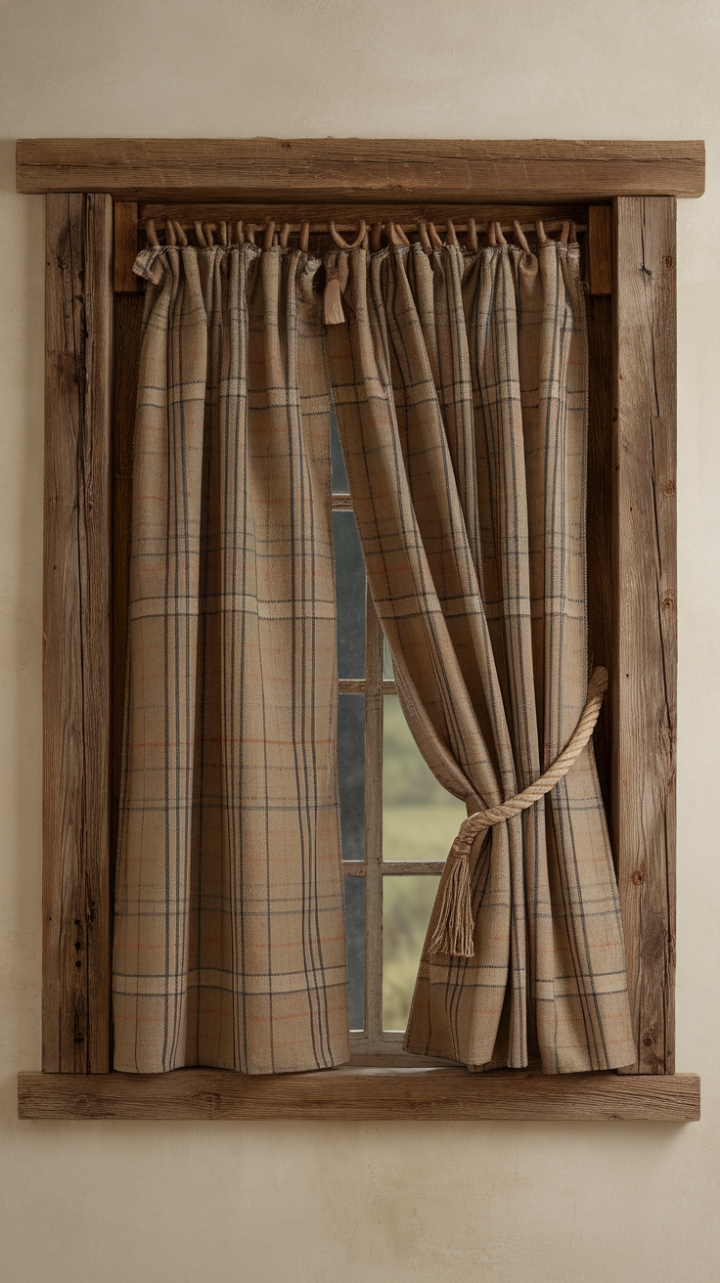 Farmhouse Window with Burlap Curtain and Rustic Details