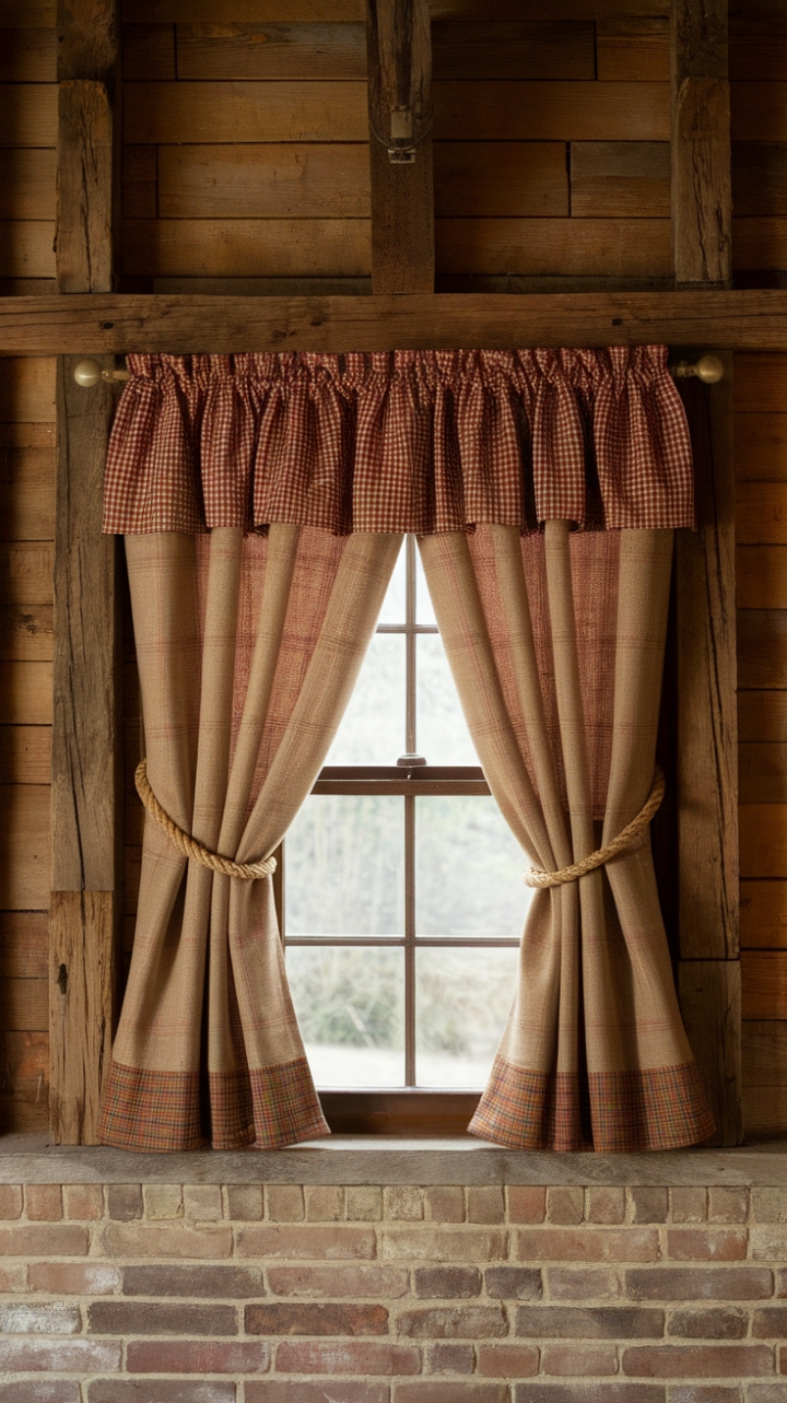 Rustic Charm: Burlap Plaid Curtains Enhance Farmhouse Warmth