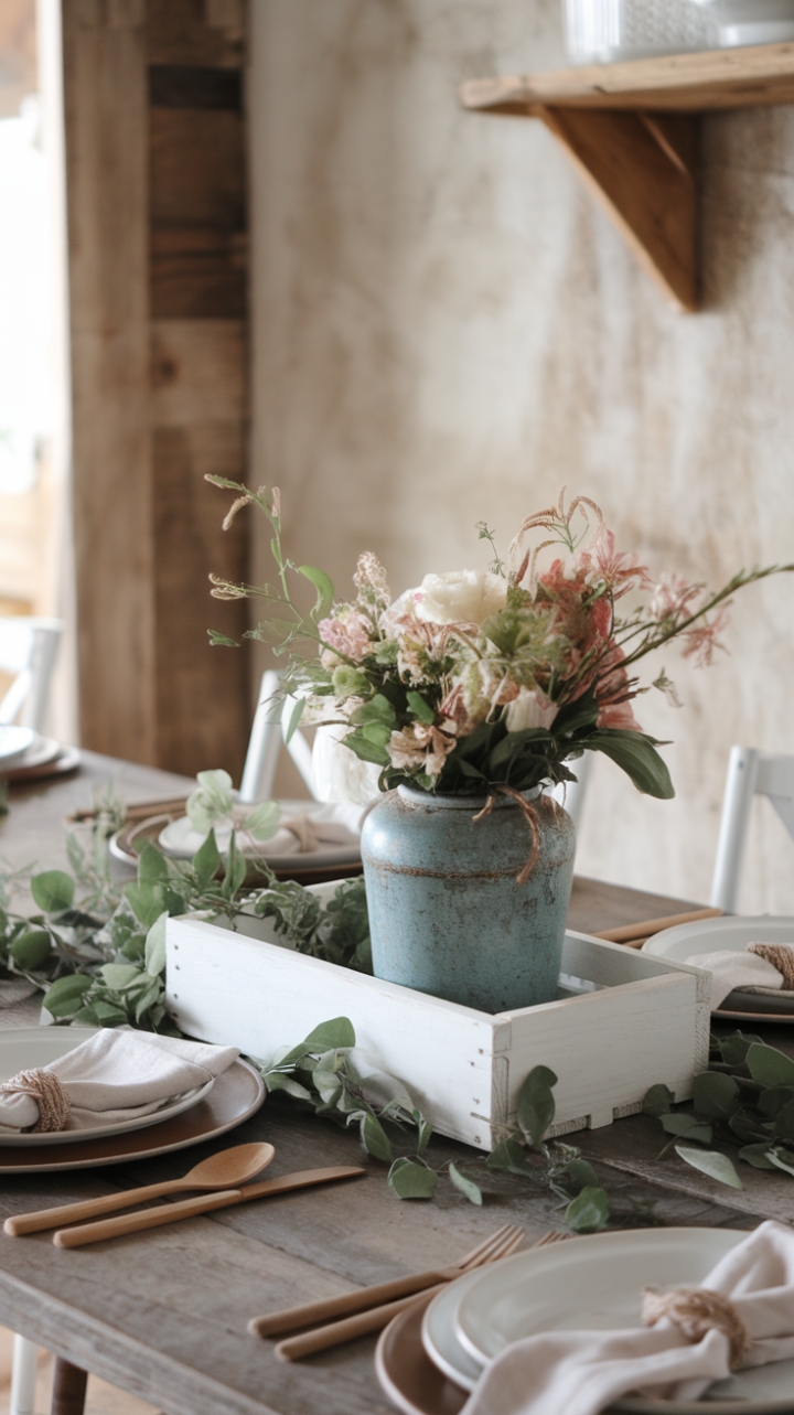 Rustic Elegance: A Farmhouse Table with Fresh Flowers and Natural Accents