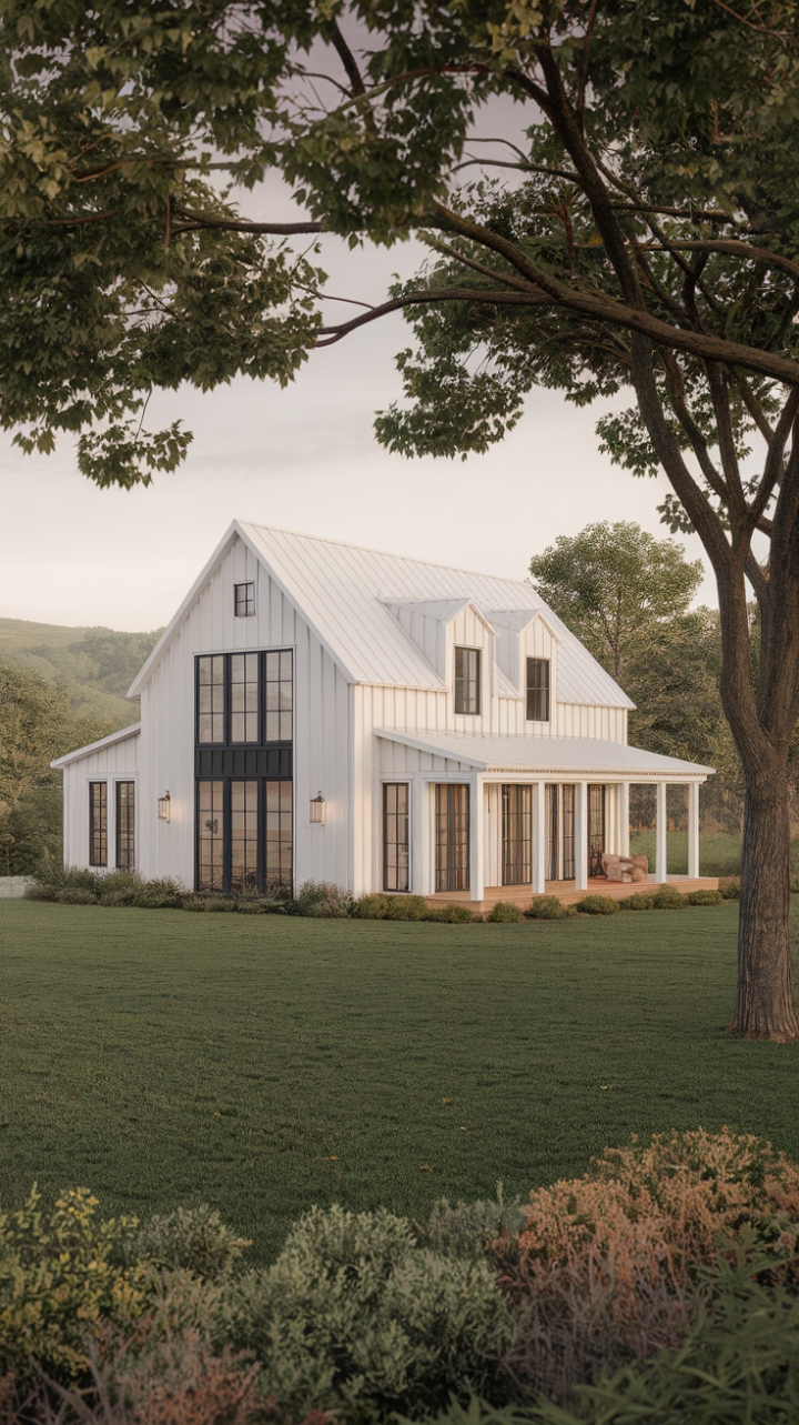 Contemporary White Farmhouse with Black Accents and Spacious Deck