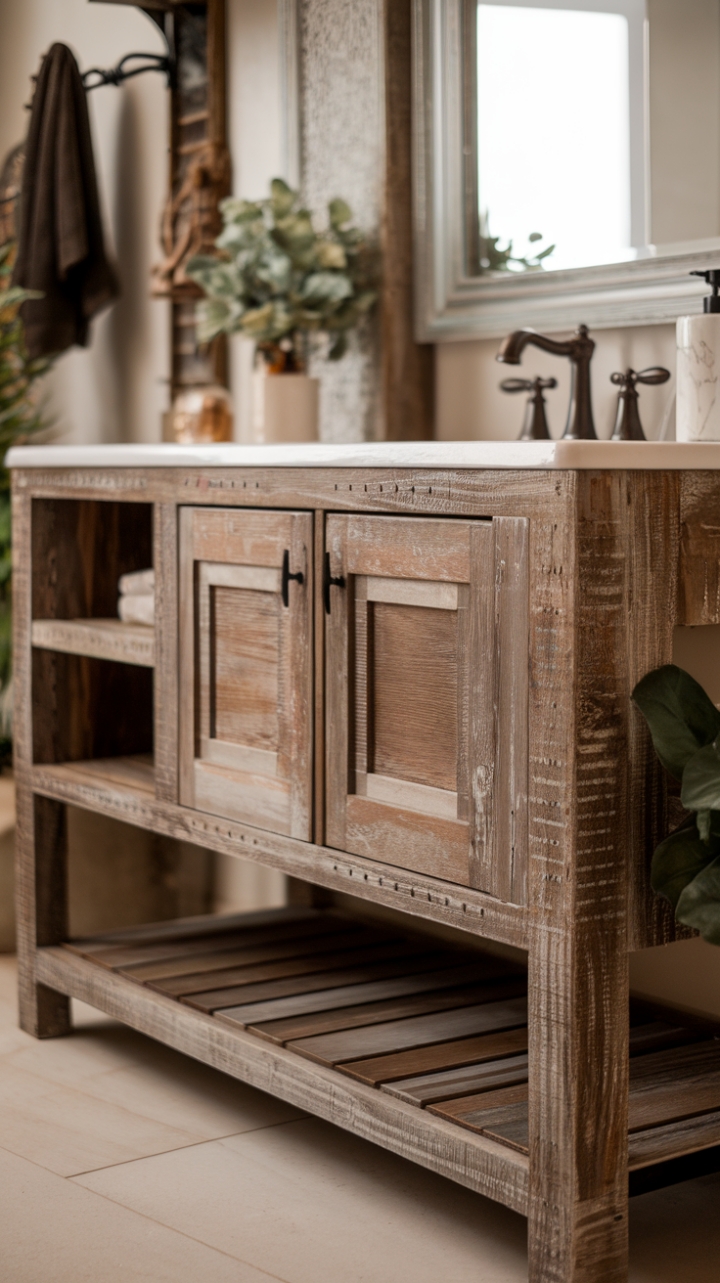 Vintage Reclaimed Wood Vanity Enhances Modern Farmhouse Bath