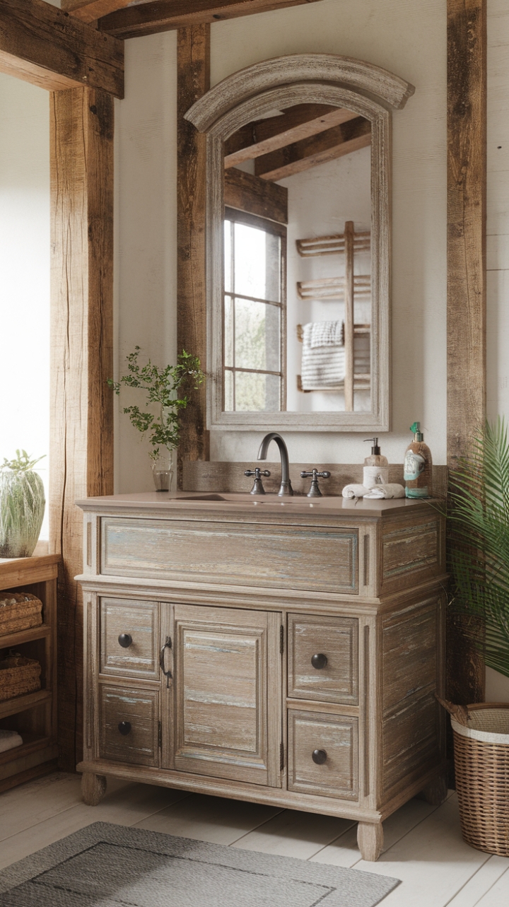 Rustic Charm: Vintage-Inspired Vanity with a Modern Farmhouse Touch