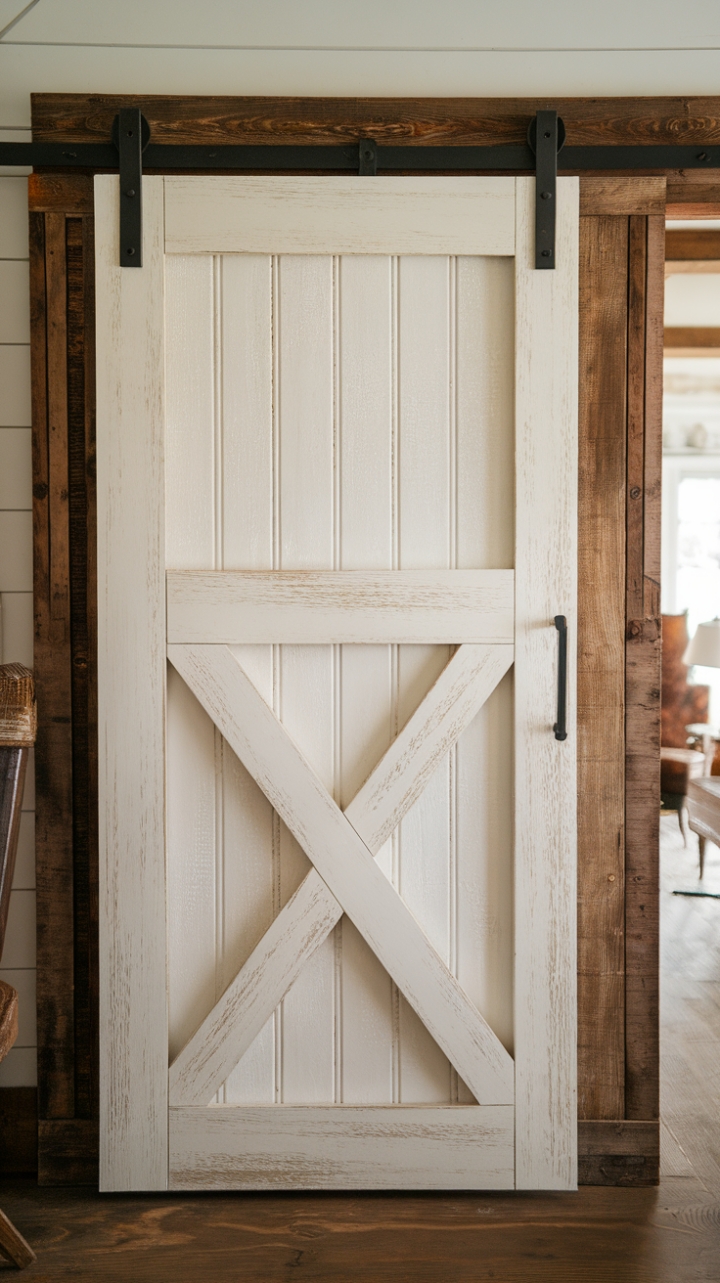 Rustic Elegance: White Distressed Barn Door for Cozy Interiors