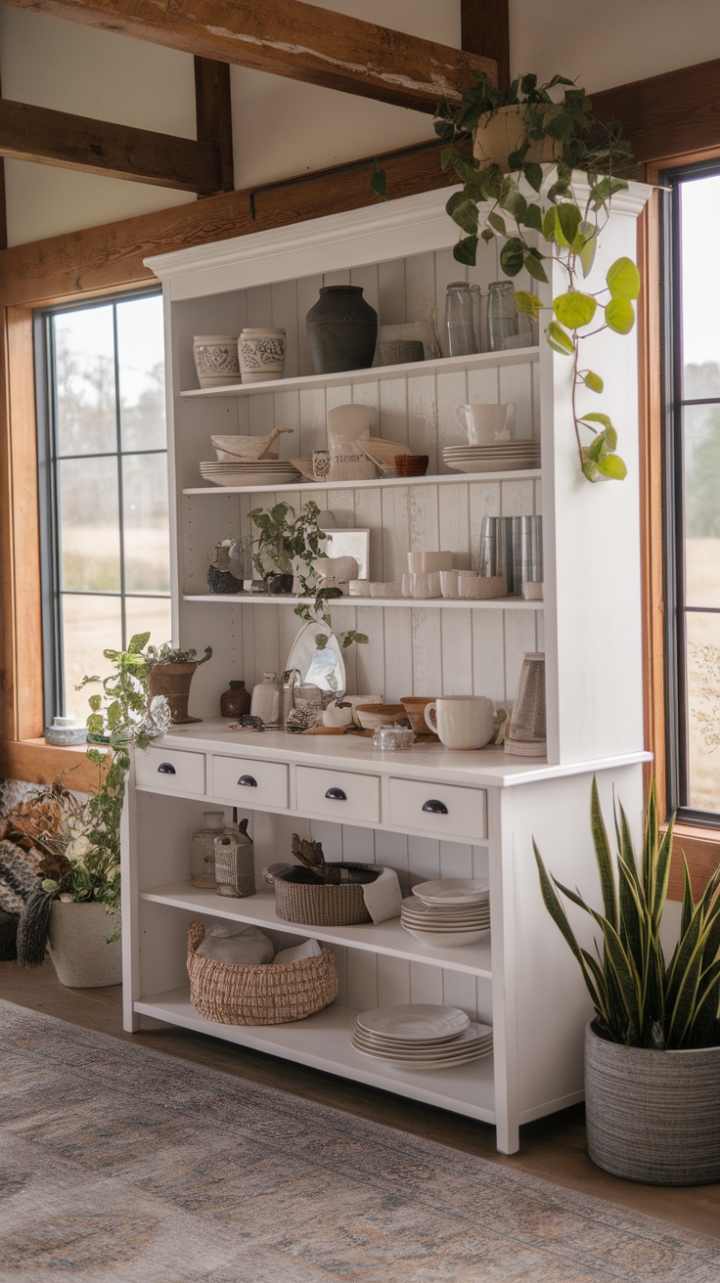 Rustic Elegance: Farmhouse Hutch with a Botanical Touch
