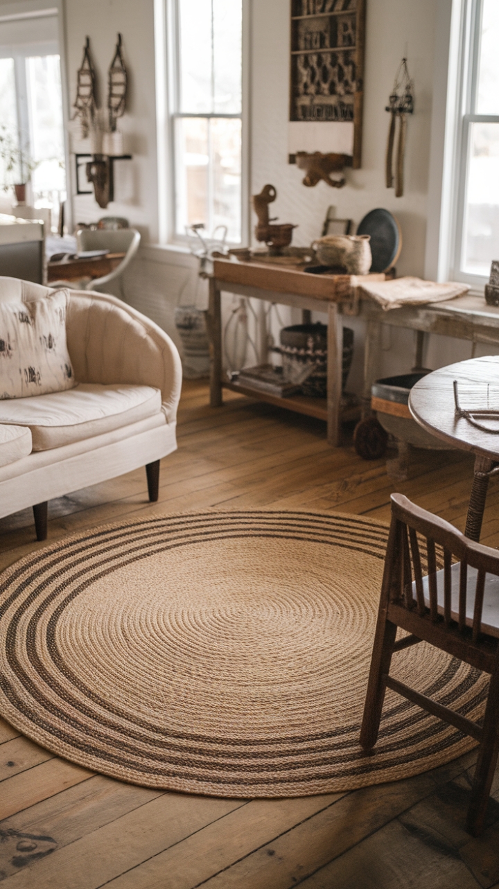 Farmhouse Charm: Cozy Living Room with Braided Fiber Rug