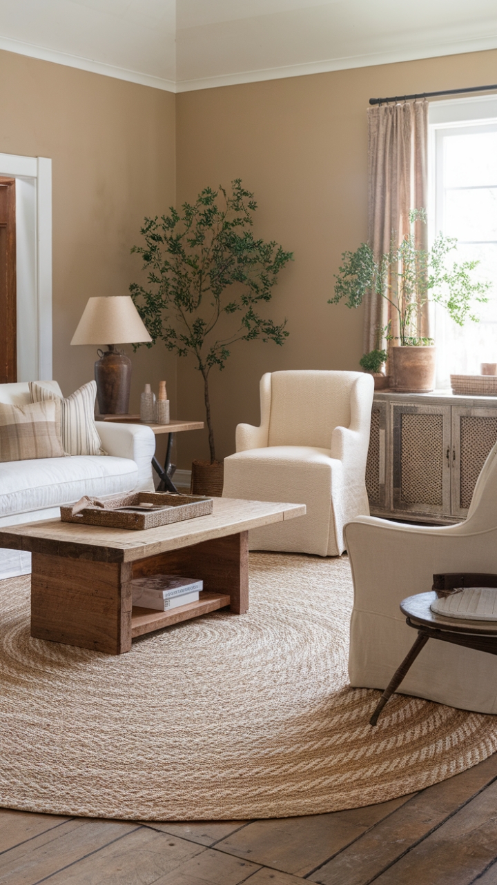 Elegant Comfort: A Neutral Nook with Braided Rug Flair