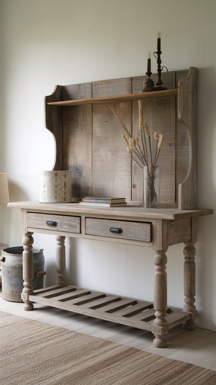 Serene Farmhouse Vignette with a Rustic Console and Neutral Accents