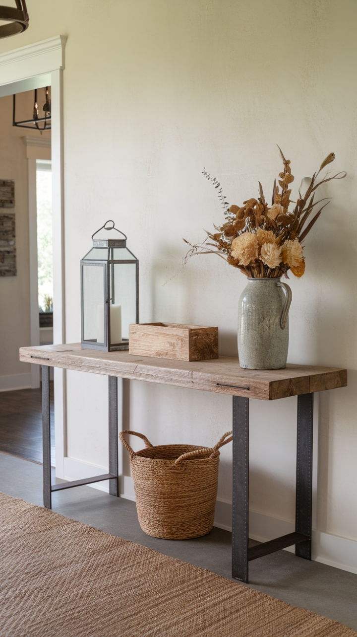 Inviting Foyer with Rustic Console and Textured Details