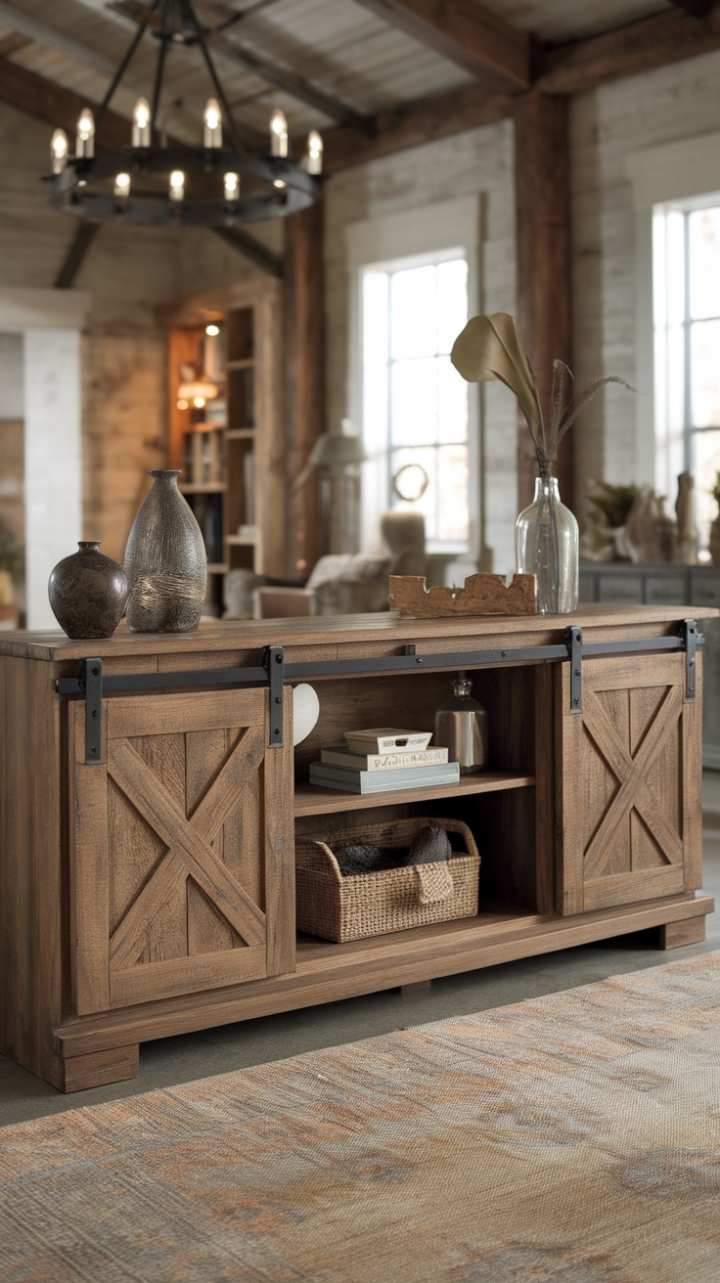 Cozy Country Charm: Distressed Wood TV Stand with Unique Design