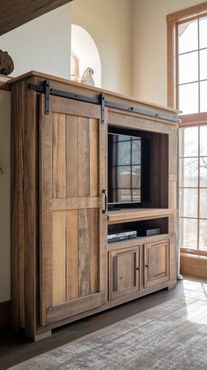 Rustic Charm: Barn Door TV Stand Enhances Bright, Airy Space