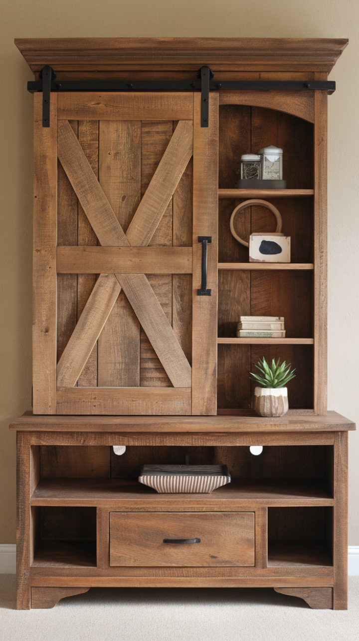 Rustic Farmhouse TV Stand with Barn Door Detail