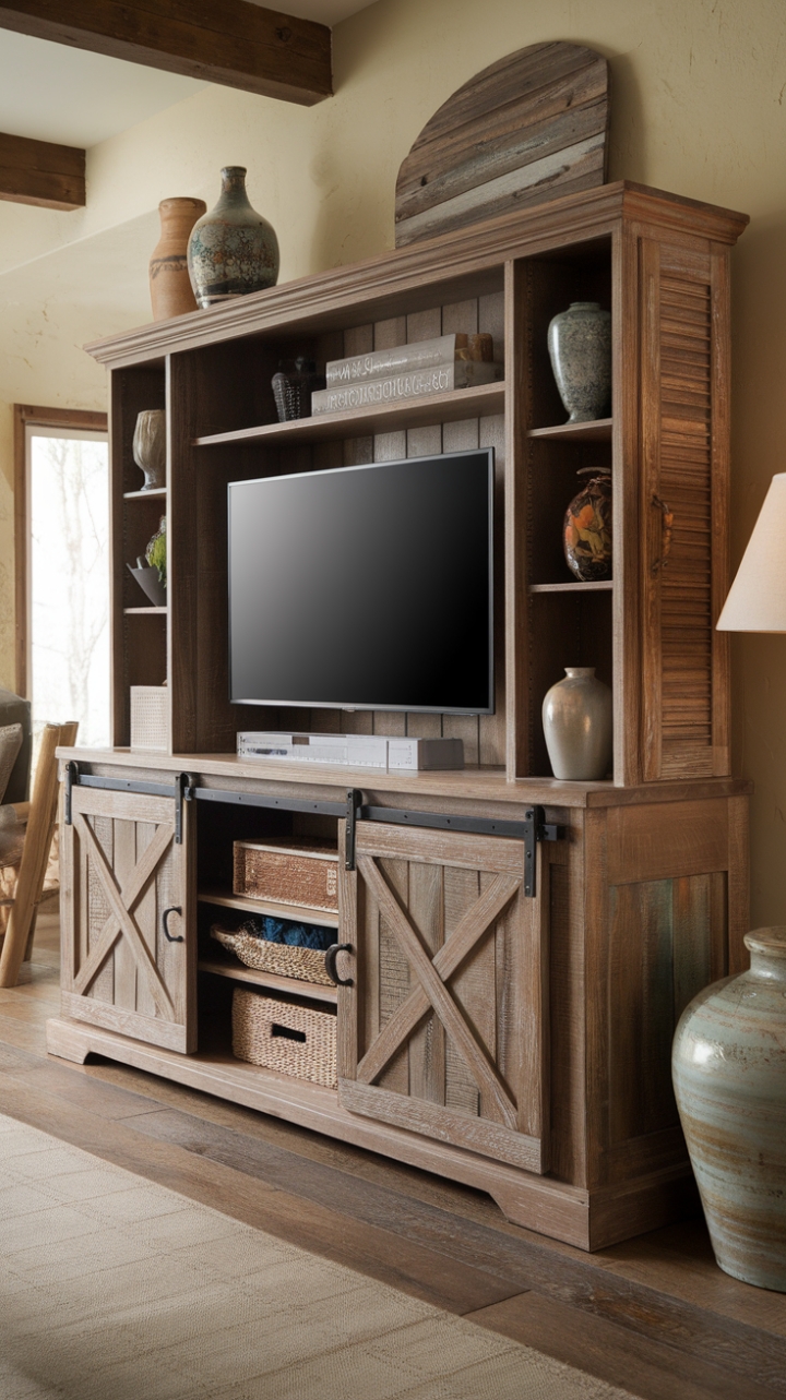 Rustic Charm: Farmhouse Barn Door TV Stand for a Cozy Living Room
