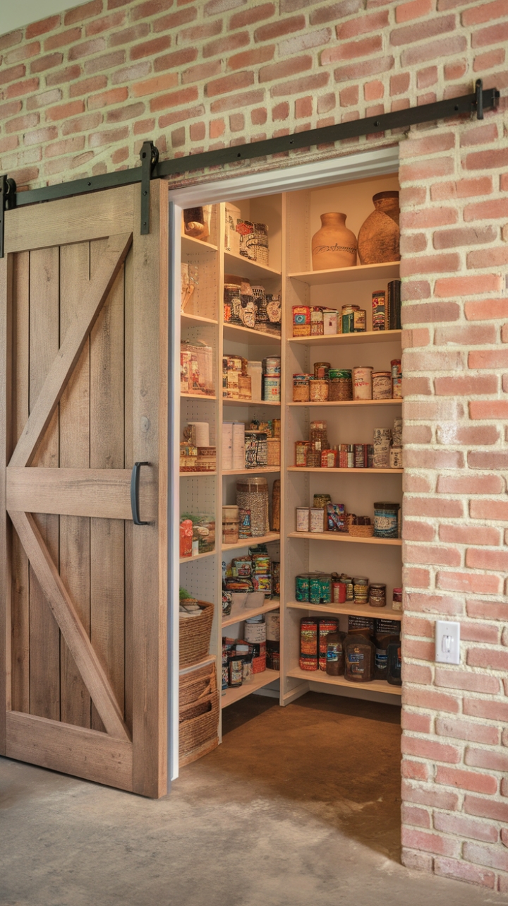 Country-Inspired Pantry with Exposed Brick and Concrete Floors