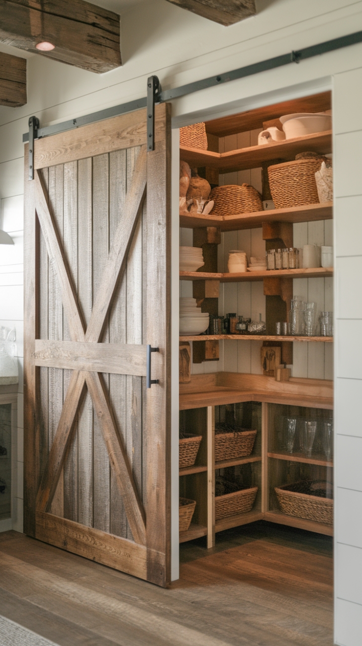 Charming Barn Door Reveals a Rustic Modern Pantry