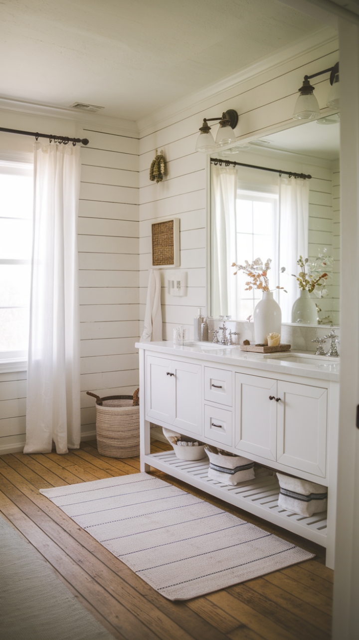 Tranquil Farmhouse Bath with Shiplap Walls and Wooden Floors