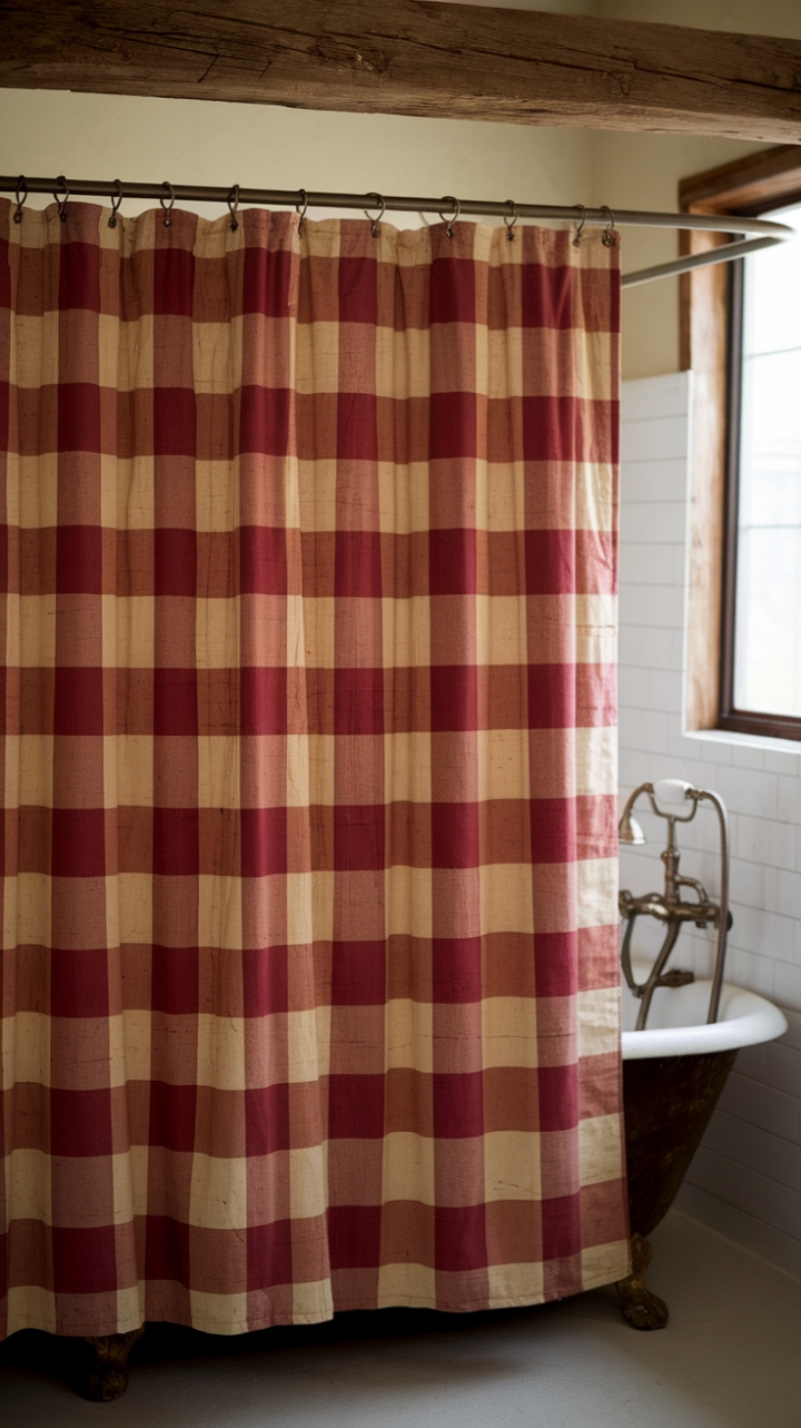 Vintage Charm: Classic Buffalo Check Shower Curtain with Rustic Details