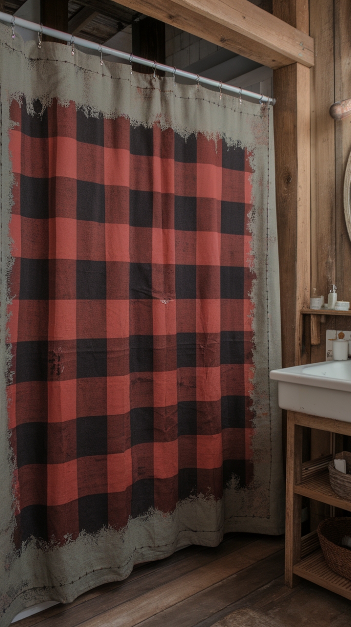 Rustic Charm: Shabby Chic Shower Curtain with Buffalo Check Pattern