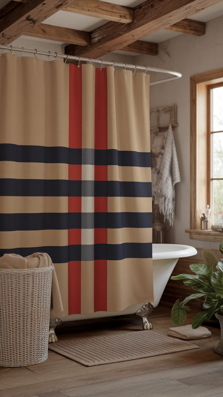 Vintage Charm: Buffalo Check Shower Curtain Enhances Rustic Bathroom Style