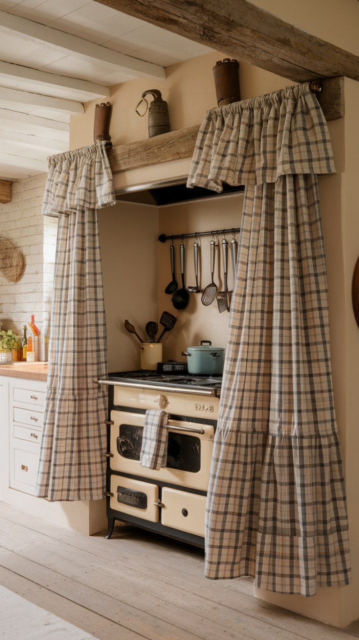 Charming Gingham Curtains Elevate Vintage Kitchen Style
