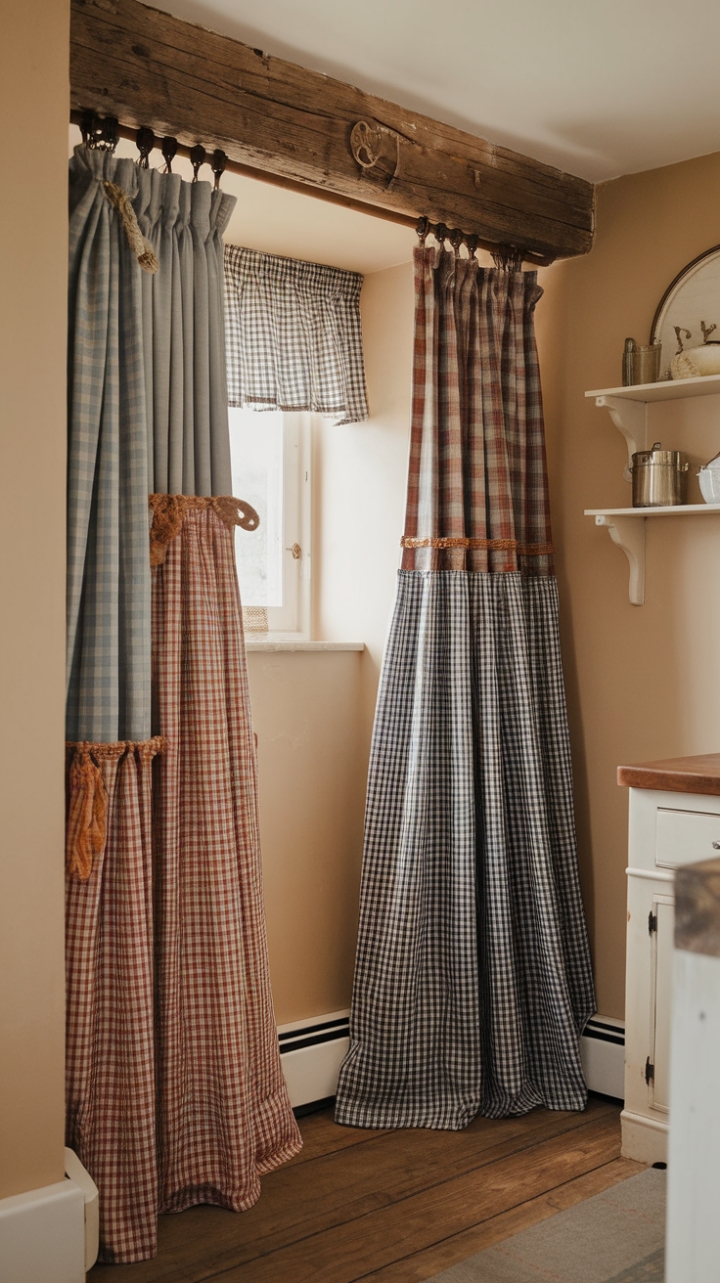 Charming Vintage Kitchen with Gingham Curtains and Rustic Touches