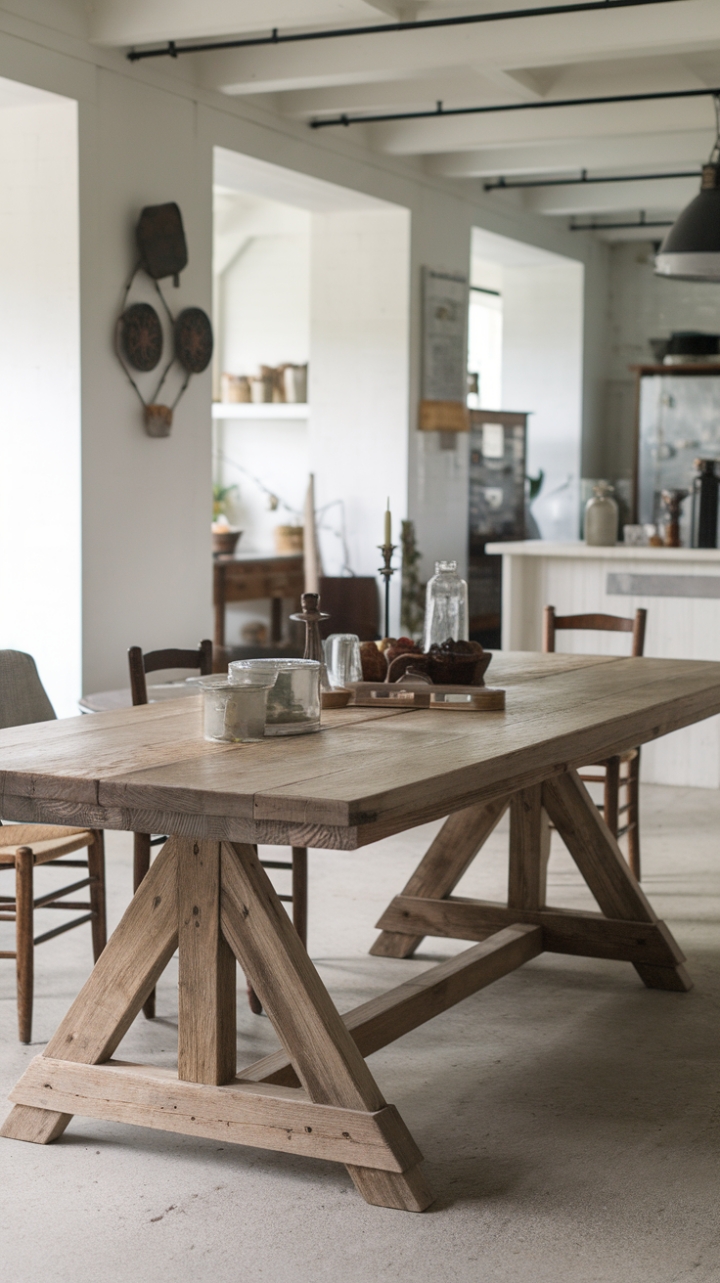 Rustic Charm: Reclaimed Wood Dining Table Anchors Bright Farmhouse Kitchen
