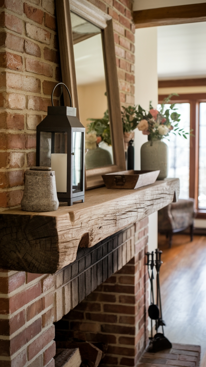 Charming Country Fireplace with Rustic Wood Beam and Soft Lighting
