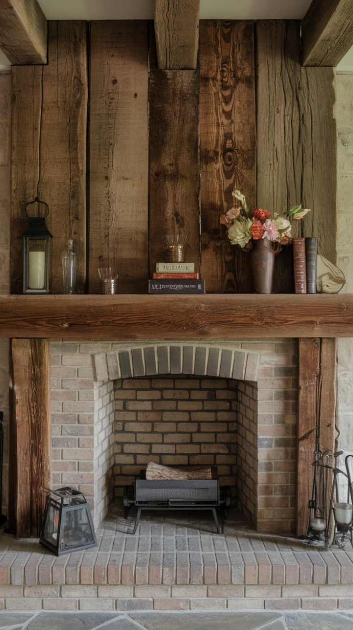 Rustic Reclaimed Wood Mantle Enhances Country Charm