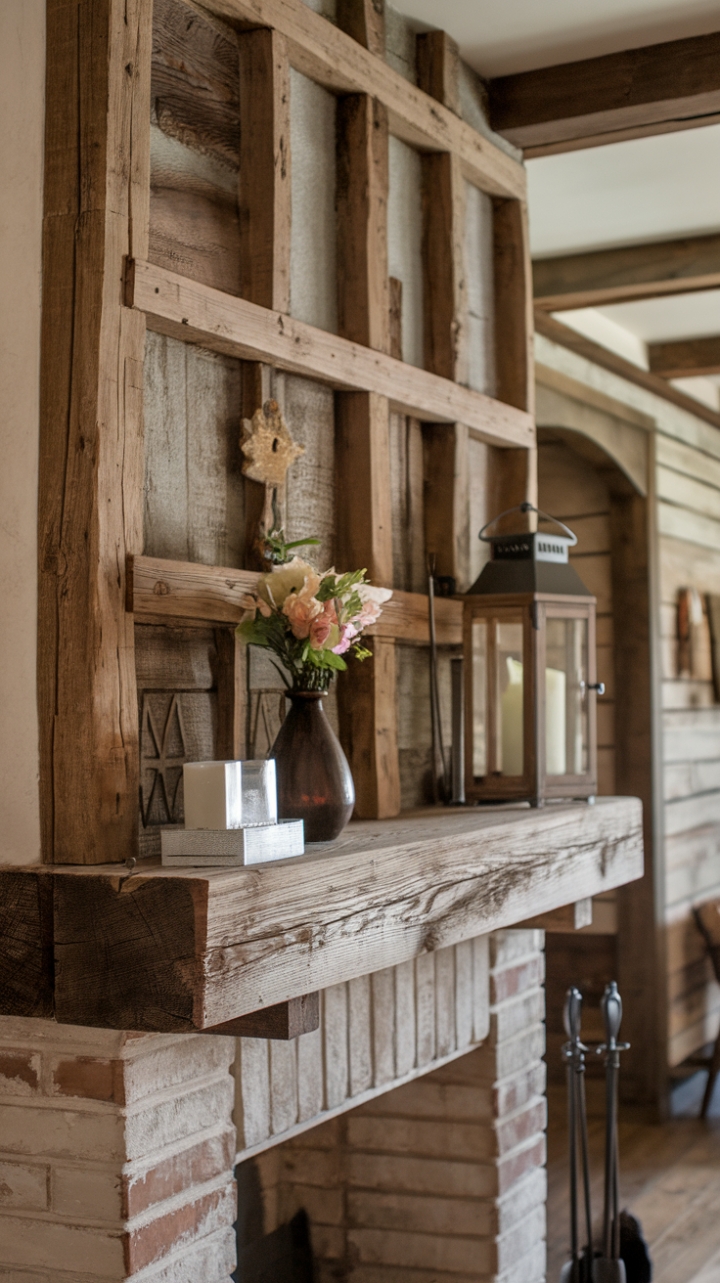 Rustic Reclaimed Wood Mantle Enhances Cozy Country Charm