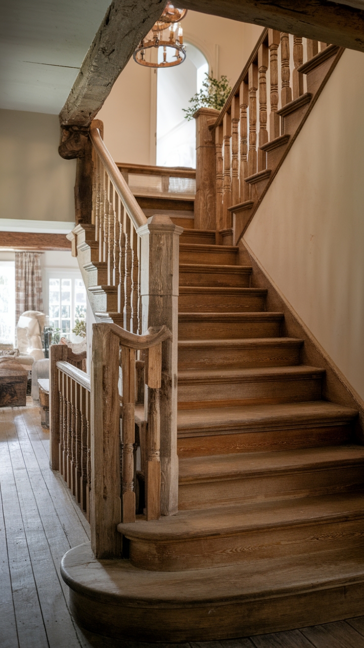 Timeless Wooden Treads and Classic Banister in a Charming Farmhouse
