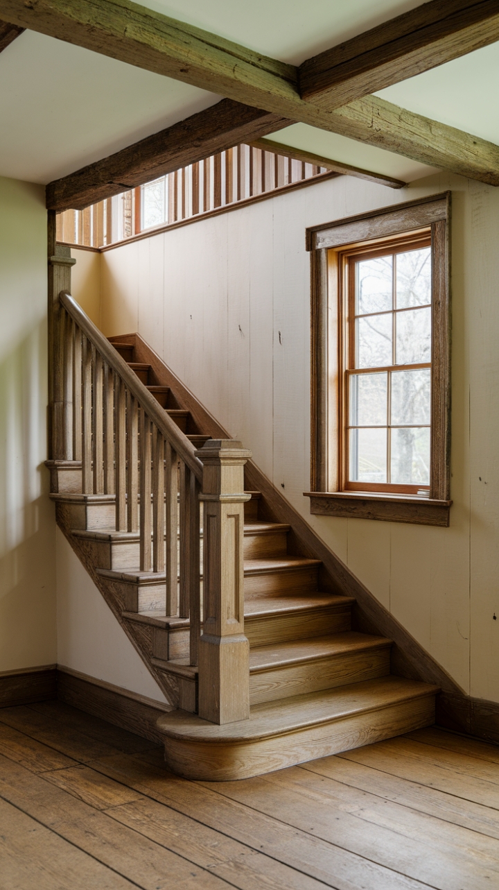 Rustic Elegance: Sunlit Staircase and Exposed Beams