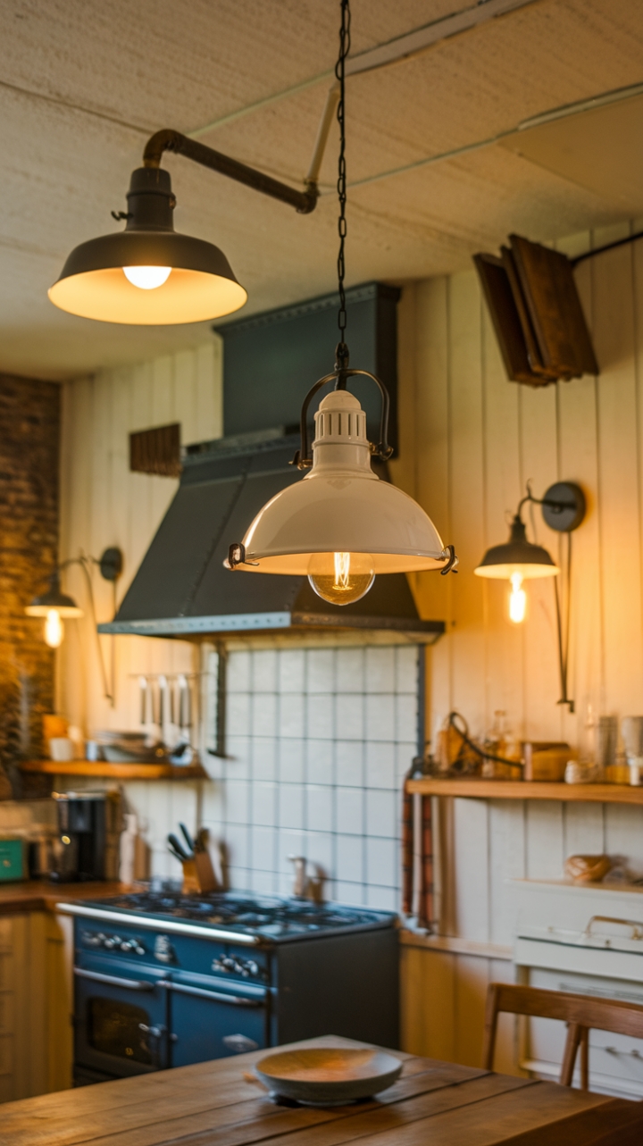 Cozy Charm: Rustic Kitchen Illuminated by Warm Vintage Lighting