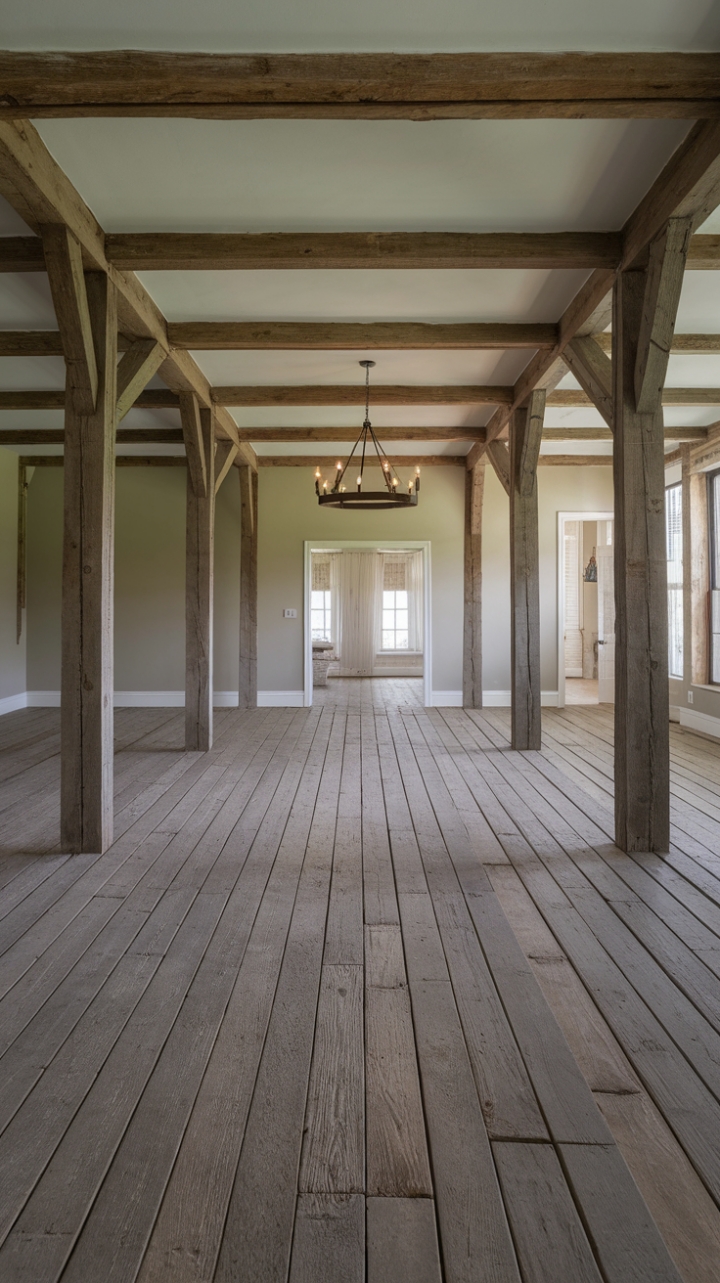 Rustic Weathered Wood Flooring Enhances Farmhouse Charm