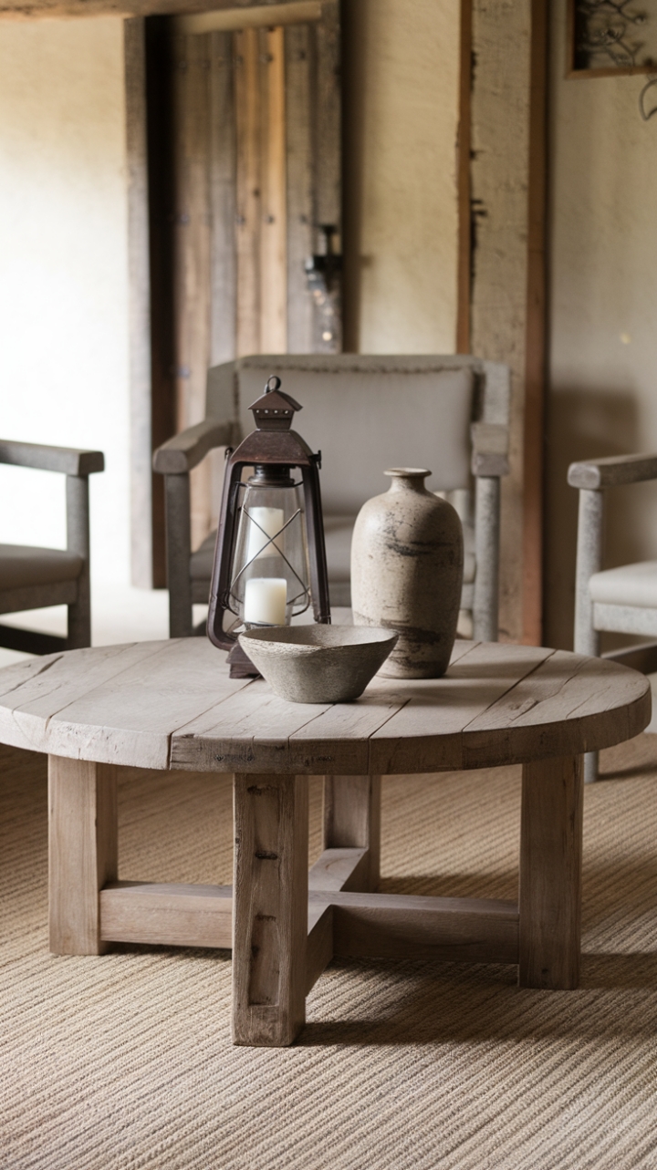 Country Charm: Inviting Round Coffee Table with Rustic Finish