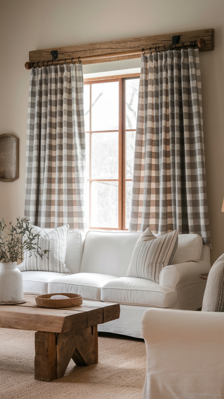 Farmhouse Elegance: Neutral Linen Curtains Under Natural Wooden Beam
